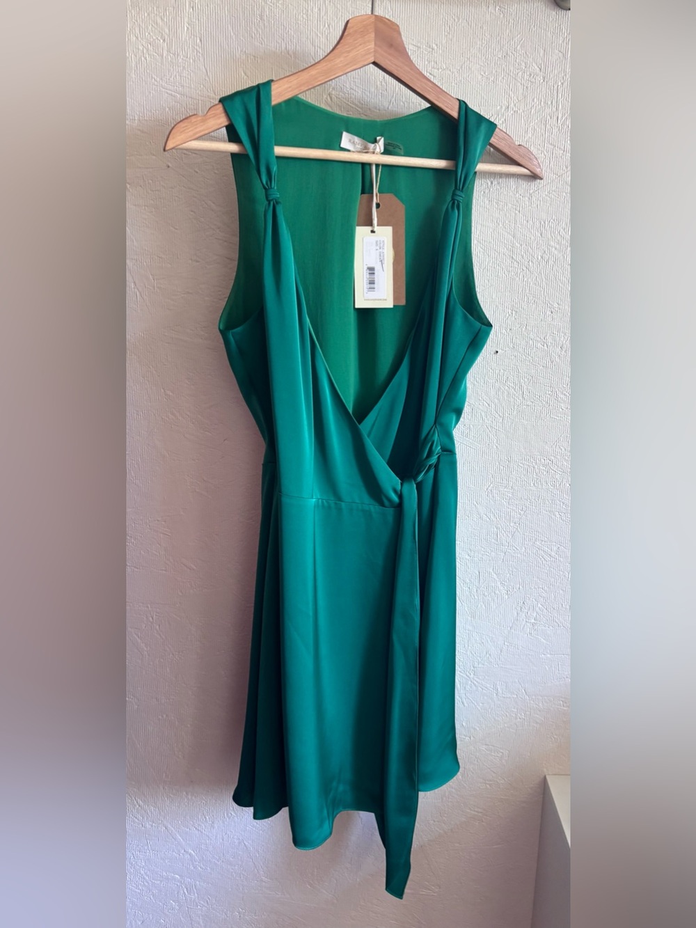 NWT Ramy Brook Emerald Jade Green Satin Charmeuse Mini Knot Detail Wrap Dress - Picture 7 of 15